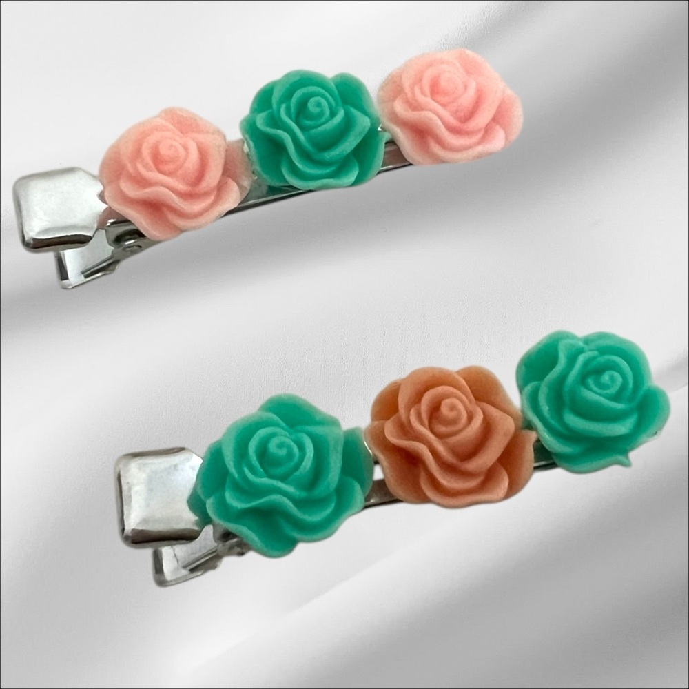 Resin Floral Hair Clips - Pink, Green, and Brown